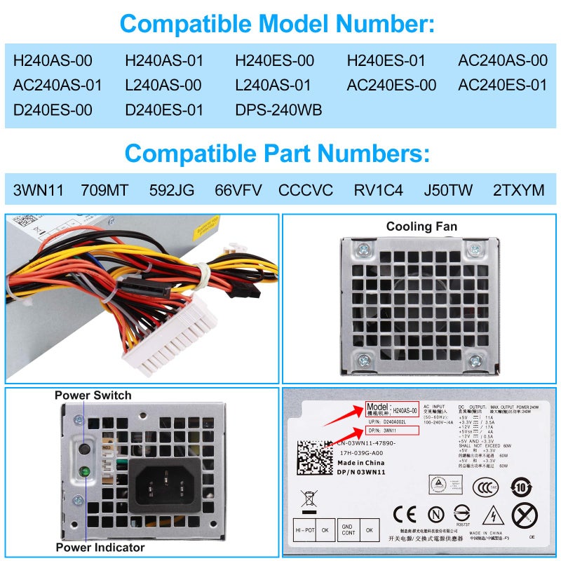 S-Union 240W Power Supply Unit Replacement for Dell OptiPlex 390 790 960 990 3010 9010 Small Form Factor System SFF H240AS-00 H240AS-01 H240ES-00 D240ES-00 AC240AS-00 AC240ES-00 L240AS-00 PH3C2 - Image 4